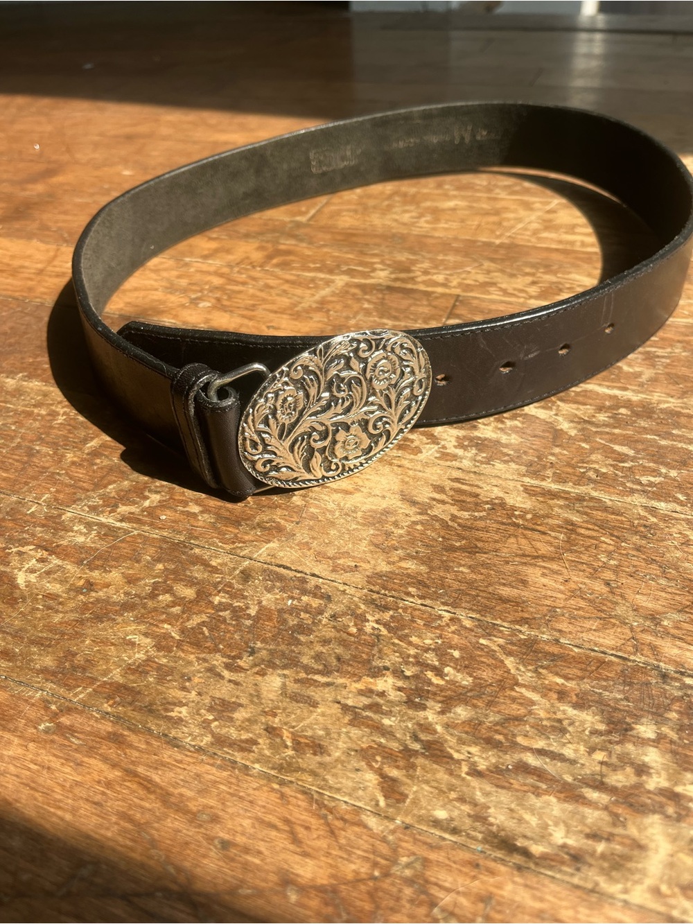 Vintage JACOB Genuine Leather Black Belt with Ornate Silver Buckle – Y2K Western
